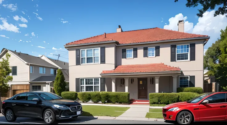 View of stretches from the sidewalk, looking off front steps, red car parked by the side walk to the left of the camera