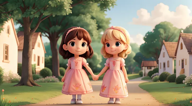 Illustrate two lovely girls Lily and Rose wearing princess dress with headband holding hands walking in the middle of the parks with beautiful flowers around.