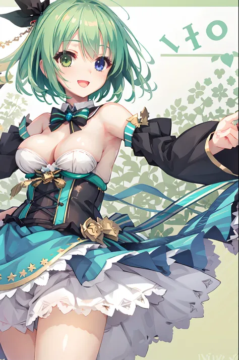 tiny girl,Colossal tits,idol costume,corsets,Detached sleeves,Striped panties,Smile with open mouth,short green hair,hair adornments,Heterochromia,Top image quality,Best Quality