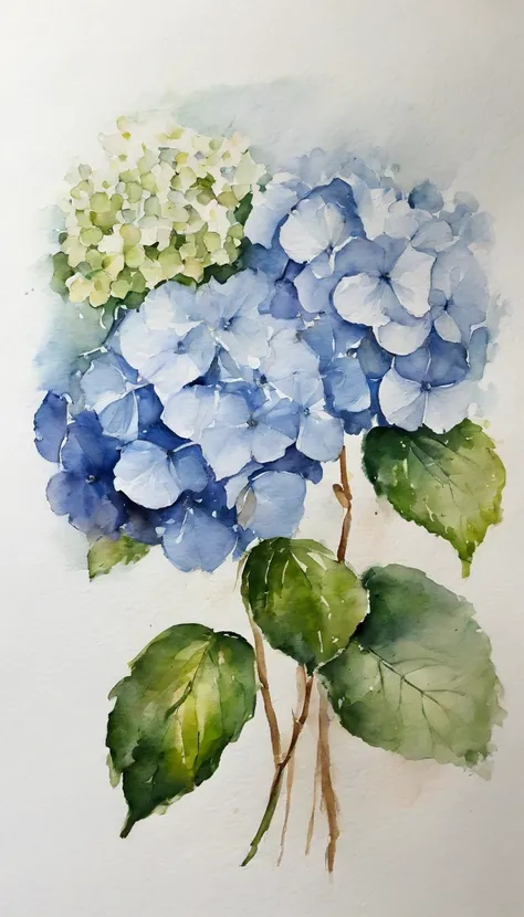 A small bouquet of 2 hydrangeas on a white background, in the center of the image