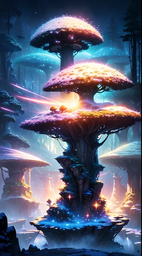 (Magical Digital Artwork:1.3), (masterpiece), a magical florest, gorgeous landscape, strange trees, magical glow, adventure, , snow, (florest:1.3),cinematic, mushrooms,, (ciano glow:1.3), artstation, fantasy, epic, (light particles:1), (night:1.3), snow, a...