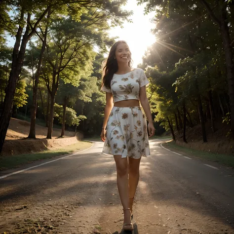 Criar imagem de mulher alegre e sorridente, realista, Stroll on a road surrounded by trees, com um por do sol dourado.