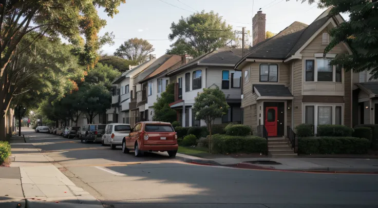 (View of stretches from the sidewalk, looking off front steps), red car parked by the side walk to the left of the camera, (street pavement)