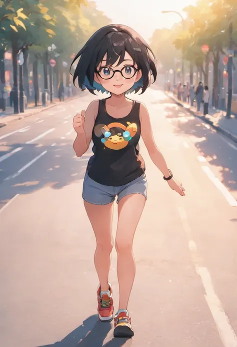 mdjrny-v4 style full length of photo of a ultra realistic beautiful cute girl, oval face, use glasses, short black hair, extremely detail, smile and funny, walk on the road, 17 years old, natural light, pale sunrise, cinematic lighting, low angle, 4k, hype...