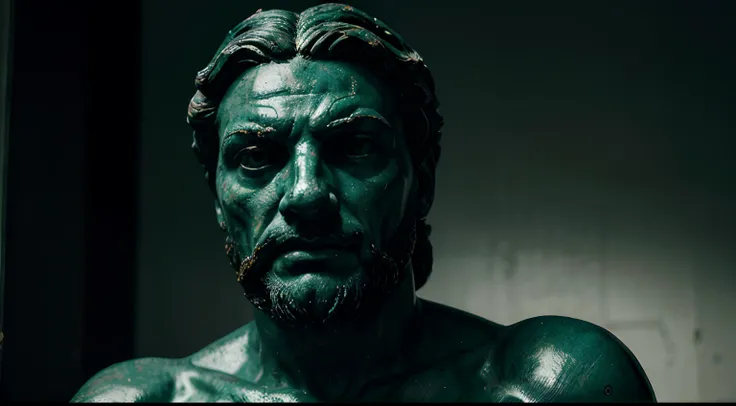 Seneca statue, Estoicismo, enigmatic gaze, Chaotic environment, fundo escuro. cores intensas, alto contraste.