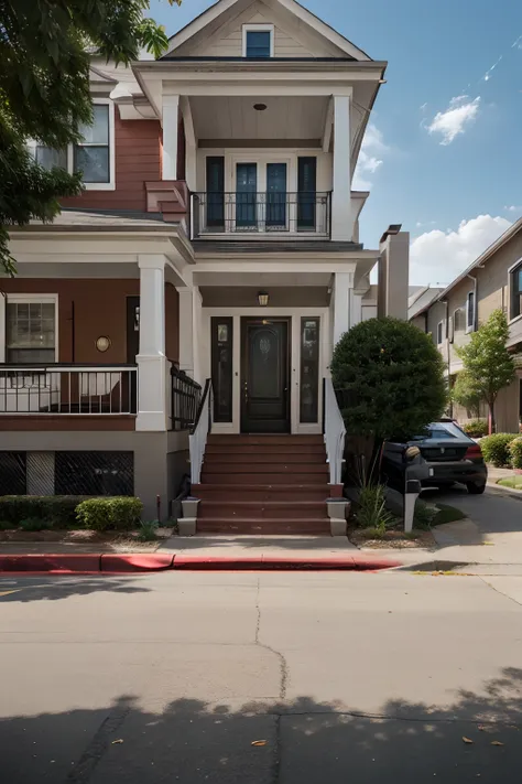 View of stretches from the sidewalk, looking off front steps, red car parked by the side walk to the left of the camera