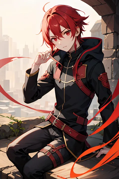 1 Boy, Red Hair, draconic red eyes, Sinon SAO