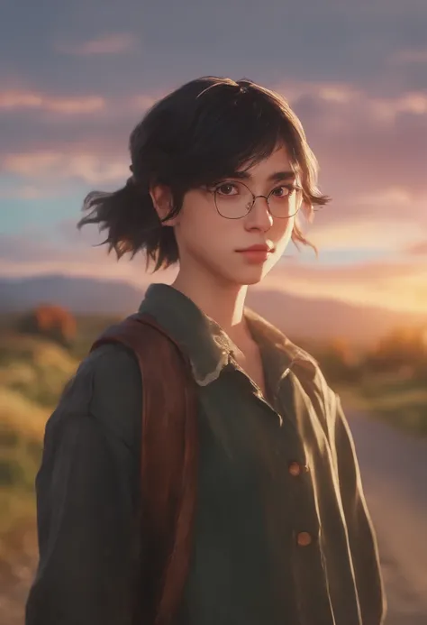 mdjrny-v4 style full length of photo of a ultra realistic beautiful cute girl, oval face, use glasses, short black hair, extremely detail, smile and funny, walk on the road, 17 years old, natural light, pale sunrise, cinematic lighting, low angle, 4k, hype...