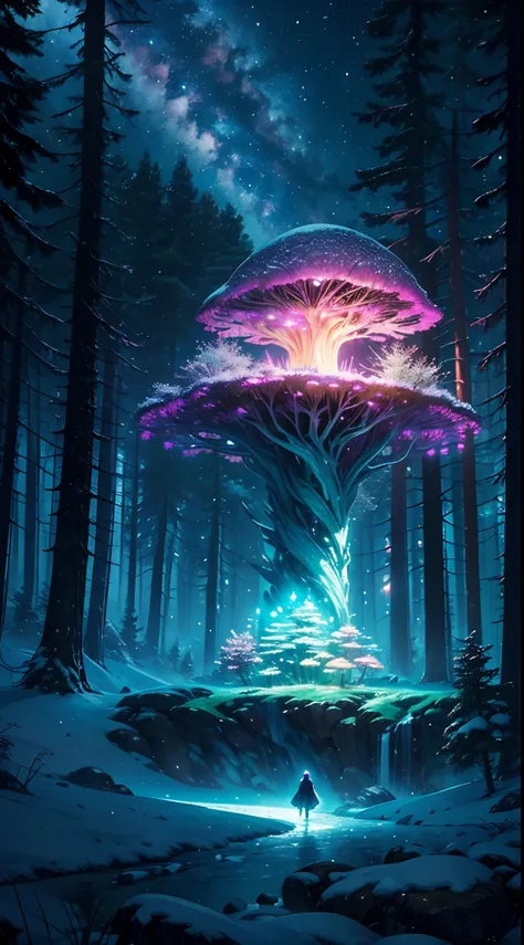 (Magical Digital Artwork:1.3), (masterpiece), a magical florest, gorgeous landscape, strange trees, magical glow, adventure, , snow, (florest:1.3),cinematic, mushrooms,, (ciano glow:1.3), artstation, fantasy, epic, (light particles:1), (night:1.3), snow, a...