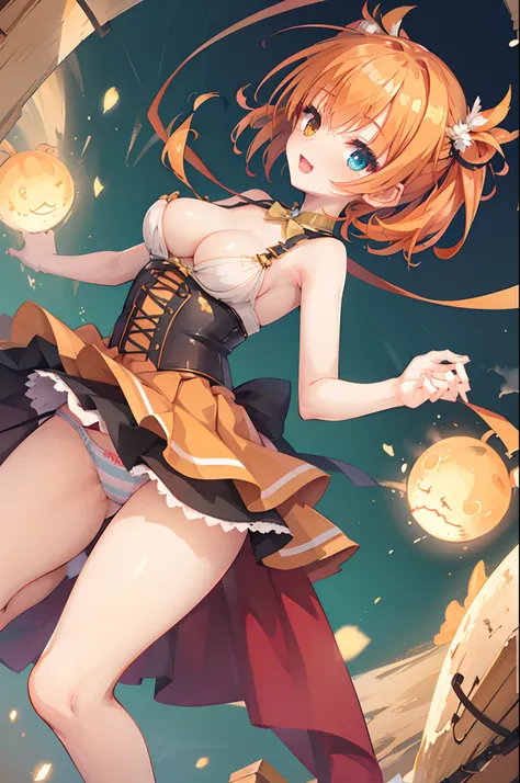 tiny girl,Colossal tits,bared  chest,idol costume,corsets,Striped panties,Smile with open mouth,Orange hair,hair adornments,Heterochromia,Top image quality,Best Quality