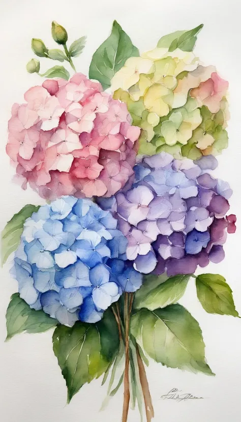 A small bouquet of 2 hydrangeas with full stems, white background