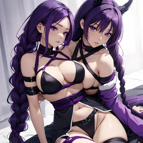 Anime, Purple hair, large breasts, purple open kosode, belted waist, black thigh high stockings, purple tabi, sheathed kodachi at the waist, braids, blue eyes, not realistic, kunoichi, shibari, moaning, suspension