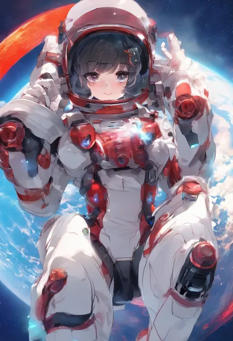 (Fantastical:1.4),( Professional Lighting:1.4),(12-year-old girl:1.4),(kosmos:1.4),(red necklace:1.4),(Short Girl:1.4),(space suits:1.6),(space walk:1.6),(1 girl in:1.6),(drooing eyes:1.4),(Smaller chest:1.4)、(A dark-haired),(lean girl:1.4)、( Black eyes :1...