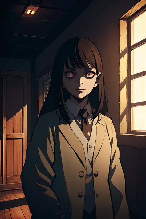 A girl in a spooky school, (best quality,photorealistic), with detailed eyes and face, holding a ruler, surrounded by creepy objects and dark corridors, eerie lighting, blackboard and chalk dust, horror style, dark and muted colors.