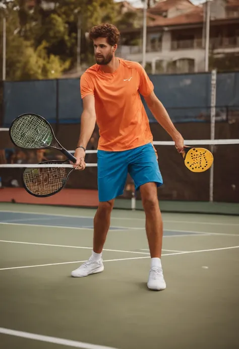 Homem jovem jogando Pickleball com camisas escrita Slice Sports no peito como Disney pixar