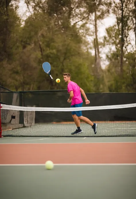 Homem jovem jogando Pickleball com camisas escrita Slice Sports no peito como Disney pixar