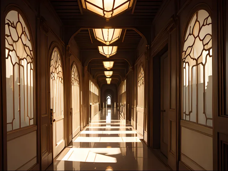 (masutepiece, Best Quality, Highly detailed, Convoluted), Glass corridor,Cinematic composition, Beautiful lighting