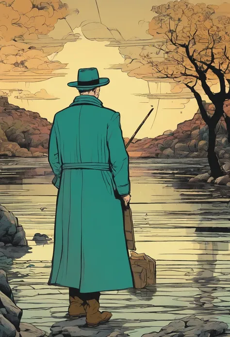 pen and ink, illustrated by hergé, man alone forever. Sadness, stunning color scheme, masterpiece