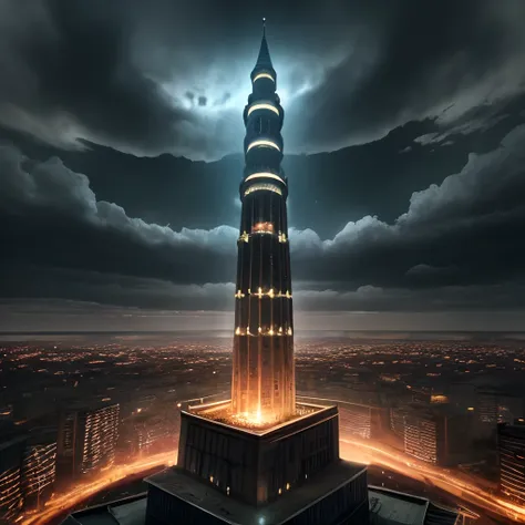 A community of people trapped in a depression surrounded by darkness, at the center of which is a tower with a light overhead.