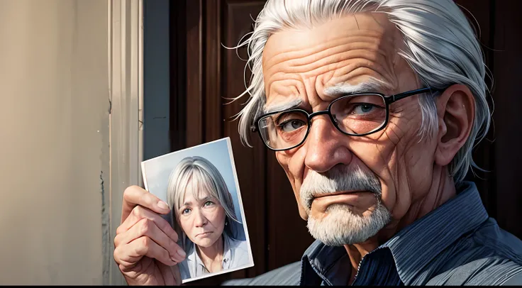 an elderly man holding a photo of a woman, with an expression of sadness in his eyes