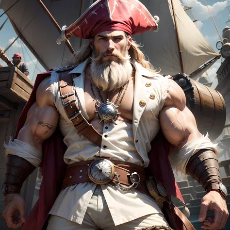 A macho, bearded pirate of the time and white clothes with shirtless watches and with hairy chest