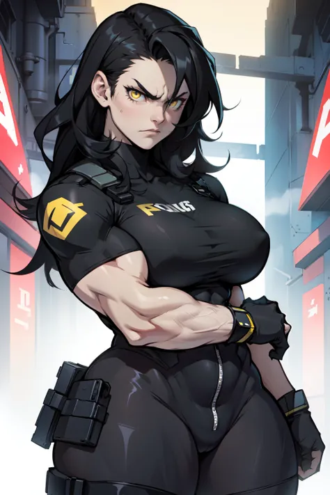 angry muscular thick thighs huge breasts pale skin black hair yellow eyes girl