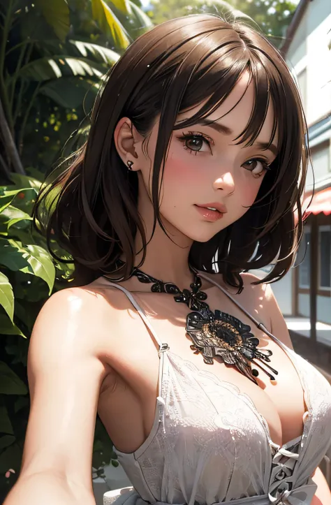 girl in summer clothes, ((taking a sefie)), random background, kiss, beautiful, medium breasts, flirtatious look, ((very detailed)), (perfectly detailed face), (well detailed hand), (well detailed hand), (well detailed hand), (well detailed hand), (well de...