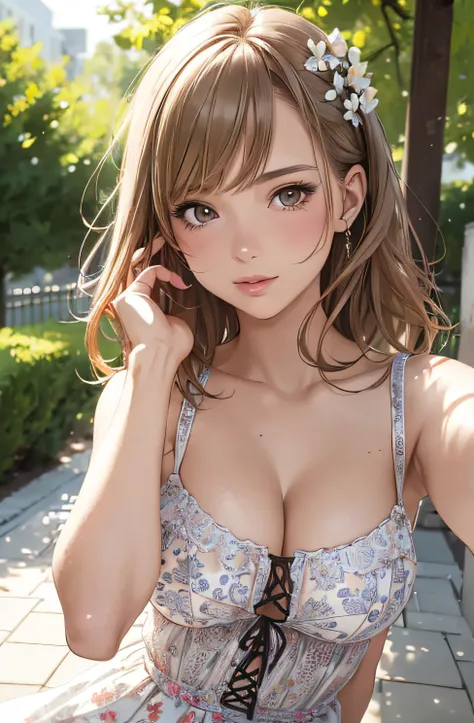 girl in summer clothes, ((taking a selfie)), random background, kiss, beautiful, medium breasts, flirtatious look, ((very detailed)), (perfectly detailed face), (well detailed hand), (well detailed hand), (well detailed hand), (well detailed hand), (well d...