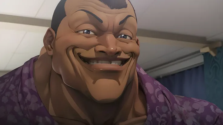 There is a caricature of a man with a big smile on his face, Brown-skinned man with a giant smile, evil villain grin, Un sourire narquois, Anime Blob, Fujita Goro!, Portrait de Hisoka Hunter Hunter, Un sourire coquin, slightly happy facial expression, stra...