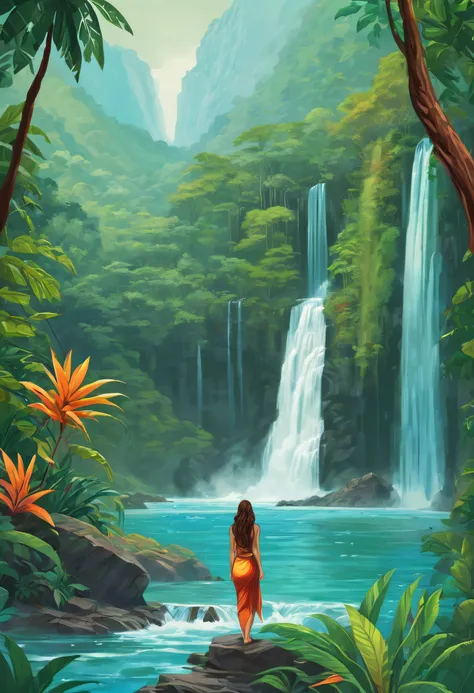 Illustration of waterfalls in the jungle colors and woman nativa