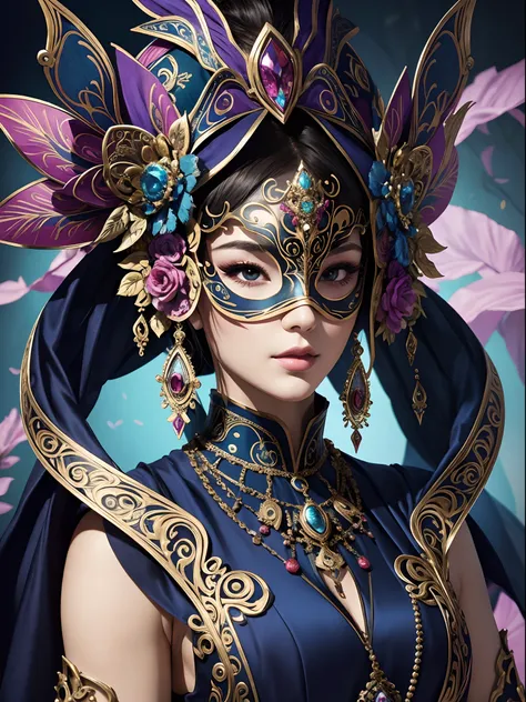 Vibrant colors、Best Quality, ​master piece、aesthetics、Mysterious、Masquerade、elegance、gorgeous、Masks that cover most of the face、Colorful and detailed mask design、matchless beauty、refinement、detailed environment, (Best Quality, Ultra-detailed, Realistic:1.3...