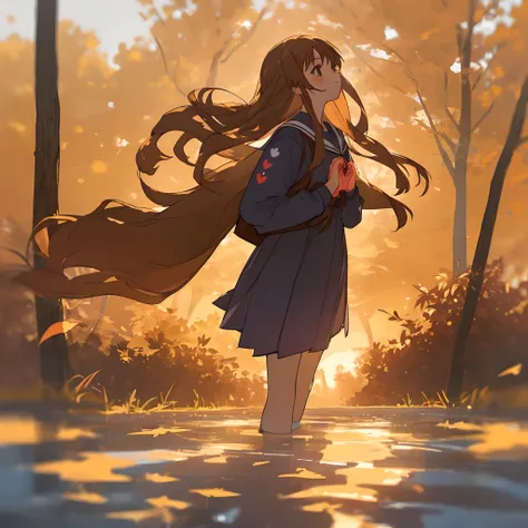 illustration
A long-haired chestnut high school girl posing with a heart mark with both hands against the backdrop of the refreshing morning sun。
Autumnal uniform。Draw it as if you are looking up from your feet
-ar 1:1 -s 100