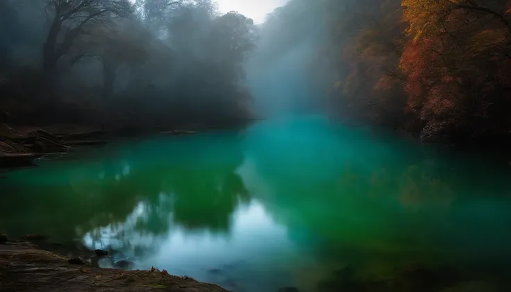 Water ghosts in the river.,Joven remando, neblina y lucernas brillantes