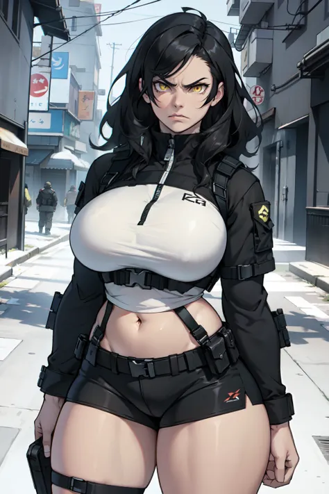 angry tactical clothesmuscular thick thighs huge breasts pale skin black hair yellow eyes girl