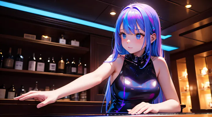 cute girl playing the piano at a bar, neon, holographic dress, masterpiece