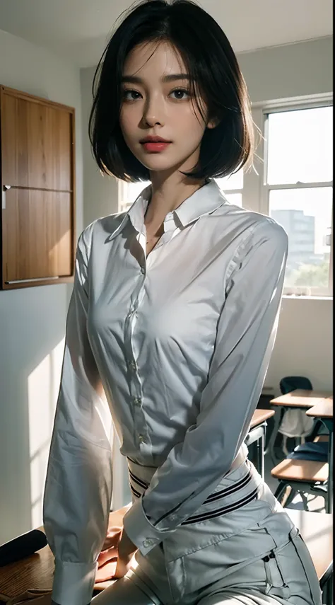 (shoulder length straight short hair: 1.1),(black hair:1.3),(Extremely meticulous CG 8k wallpaper），（Extremely refined and beautiful），（Masterpiece），（best qualtiy：1.0），（Ultra High Resolution：1.0），beautiful light up，Perfect lightning，realistic shaded，[A high ...