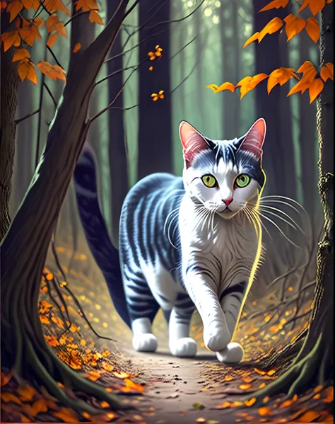 White cat walking in the haunted woods, (halloween)