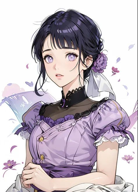 anime girl with dark blue hair and purple dress with flower in her hair, girl in dress, in the art style of bowater, cute anime waifu in a nice dress, anime style portrait, fanart, illustrious makinami, portrait of an anime girl, in an anime style, beautif...