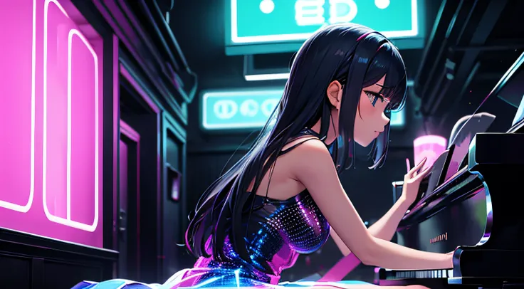 piano. cute girl playing the piano at a bar, neon, holographic dress, piano, masterpiece