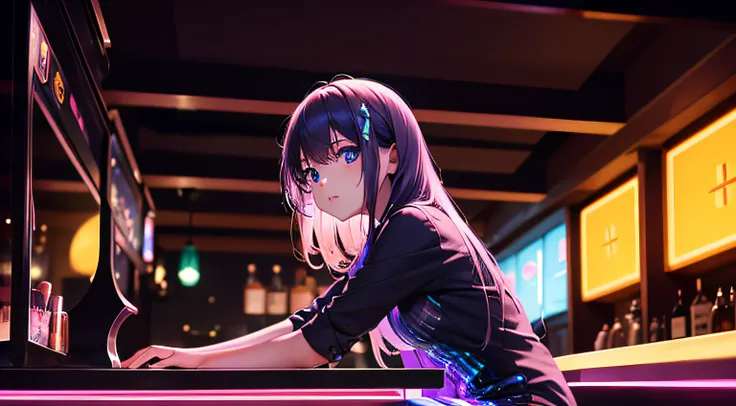 piano. cute girl playing the piano at a bar, neon, holographic dress, piano, masterpiece