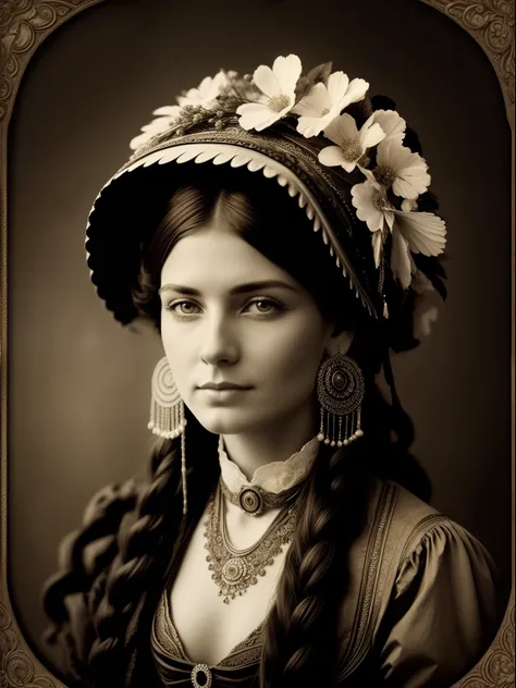 (master part) An insanely beautiful Victorian nomadic lady with rich flowered headdress, Vintage Sepia Photography, foto muito antiga e torneada