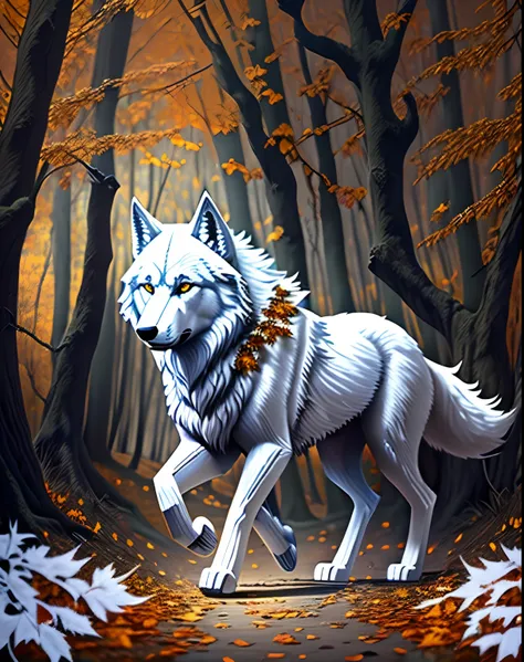 ((masterpiece)), ((great details)) White magic wolf walking in the haunted woods, (halloween)