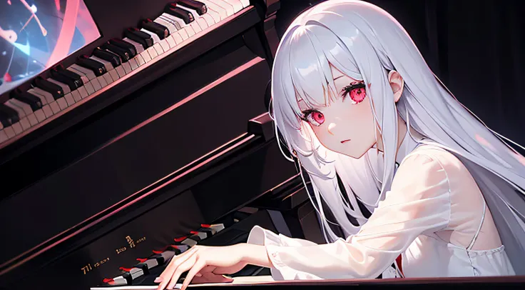 piano. albino girl playing the piano, red eyes, white hair, neon, holographic dress, piano, masterpiece