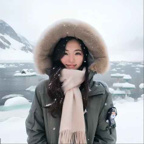 Arafed woman in a parka and scarf standing in the snow, frio, mas bonito, frio como gelo! 🧊, Mulher sul-coreana bonita, gemma chen, vestindo um casaco branco de inverno, Mulher coreana, na neve, menina coreana, frio, Tempo frio, frio, only snow i the backg...