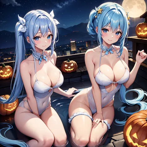 Super Idol　a beauty girl　A charming smile　sky blue hair　length hair　Twin-tailed　Halloween　Take a bath in an open-air bath made of large pumpkins　barechested　White sheer cloth on the chest　a moon　starrysky