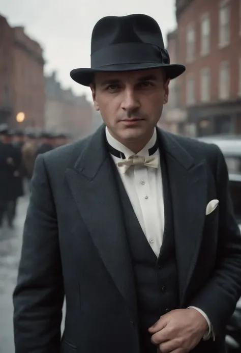 Realistic image of a mob boss wearing a mobster outfit and mobster hat on a street of a 1920s-era mob town