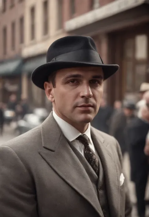 Realistic image of a mob boss wearing a mobster outfit and mobster hat on a street of a 1920s-era mob town