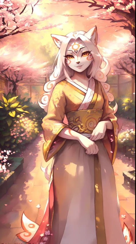 uploaded on e621, (((by Zackary911, by Kenket, by Kilinah, by Zackary911))), solo female (((Amaterasu))), wear (((golden armor, pink kimono and traditional Japanese accessories))), standing in a ((((lush garden))), surrounded by (((cherry blossoms))), with...