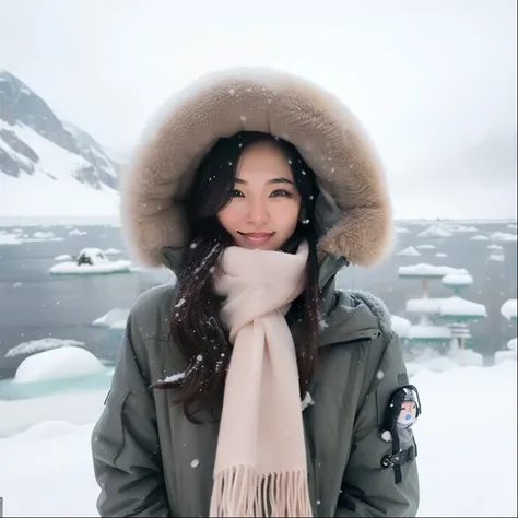 Arafed woman in a parka and scarf standing in the snow, frio, mas bonito, frio como gelo! 🧊, Mulher sul-coreana bonita, gemma chen, vestindo um casaco branco de inverno, Mulher coreana, na neve, menina coreana, frio, Tempo frio, frio, only snow i the backg...