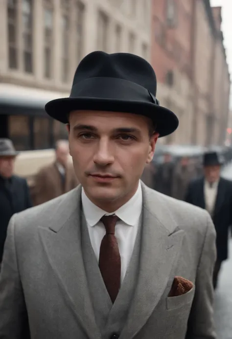 Realistic image of a mob boss wearing a mobster outfit and mobster hat on a street of a 1920s mob town